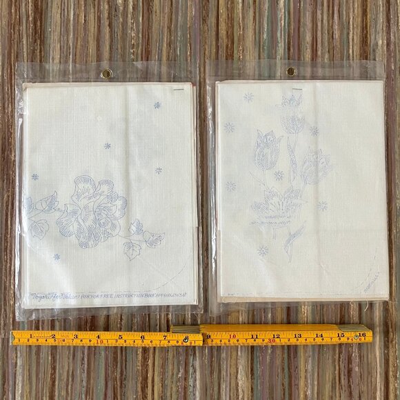 Stamped Cotton Fabric ROSES + TULIPS Table Runner Dresser Scarf Vintage Set of 2 - Picture 5 of 7